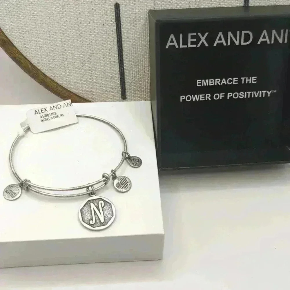 NWT Alex and Ani Initial N Letter Charm Expandable Bangle Rafaelian Silver 0000